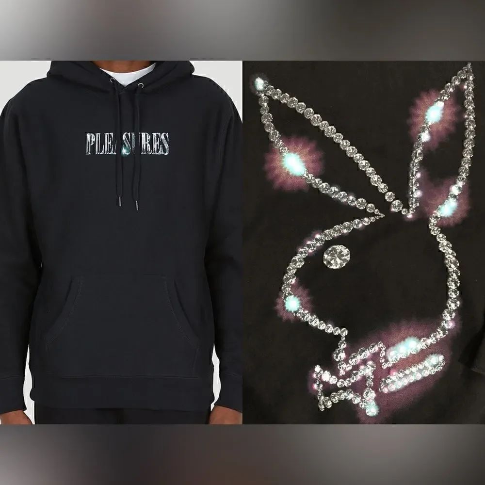 PLEASURES NWT Playboy Icy Diamonds Logo Black Hoodie Sweatshirt Size M